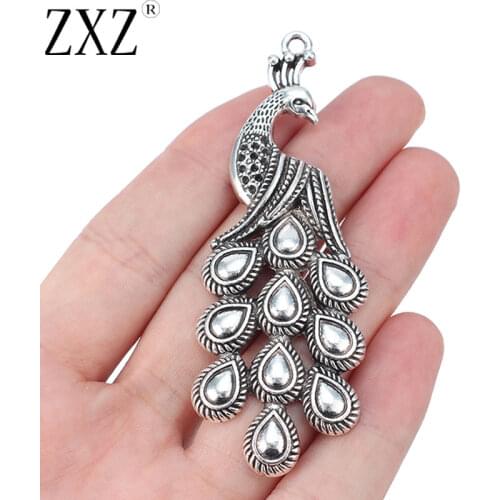 ZXZ 5pcs Tibetan Silver Large Peacock Charms Pendants for Jewelry Making Findings 84x30mm