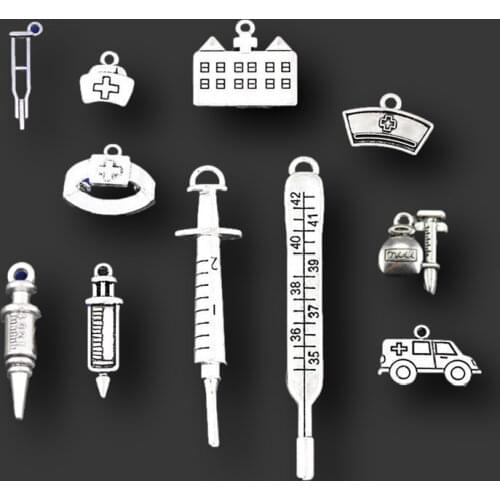 22pcs Mix Silver Plated Medicine Hospital Syringe Nurse Cap Ambulance Thermometer Pendant DIY Charms Health Jewelry Accessorie