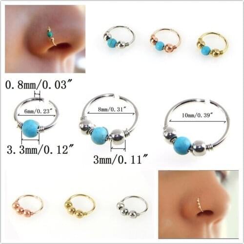 3Pcs/Set Fashion Turquoise Nose Stud Retro Round Beads Gold Color Nose Ring for Women Nostril Hoop Body Piercing Jewelry