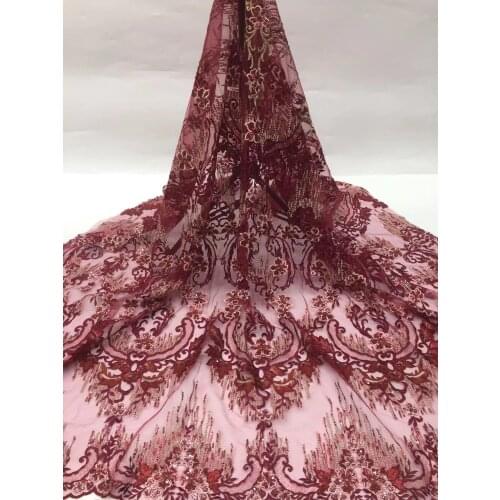 5yards/pc) high quality wine red African tulle lace gorgeous embroidered French net lace fabric with sequins for party FSQX082