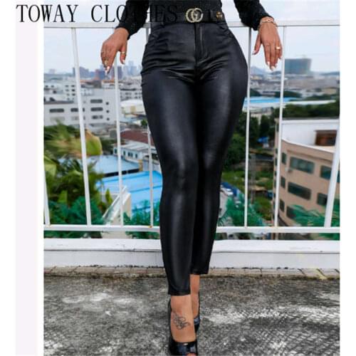 Faux Leather Solid High Waist Pants Buttoned Casual Coated PU Leggings Sexy Push Up Slim Pants