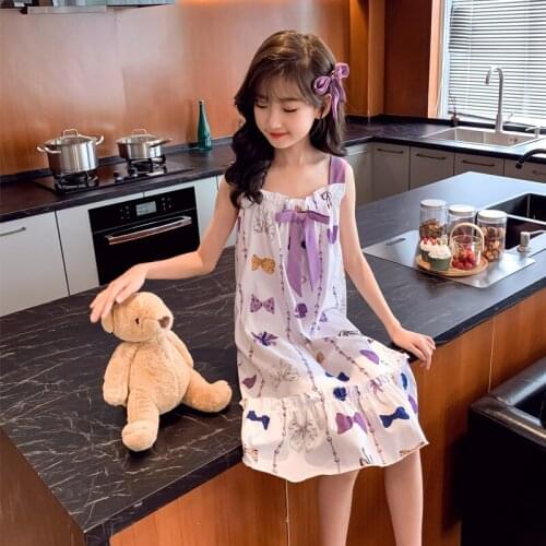 Summer Kids Girls Nightgown Sleepwear Cute Print Bow Cotton Soft Nightdress for Girls Childrens Pajamas Baby Girls Strap Dress