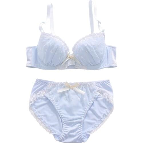 Cute Flower Embroidery Sky Blue Japanese Bra & Panties Set Underwire Push Up Soft Underwear Intimates Set Kawaii Lolita