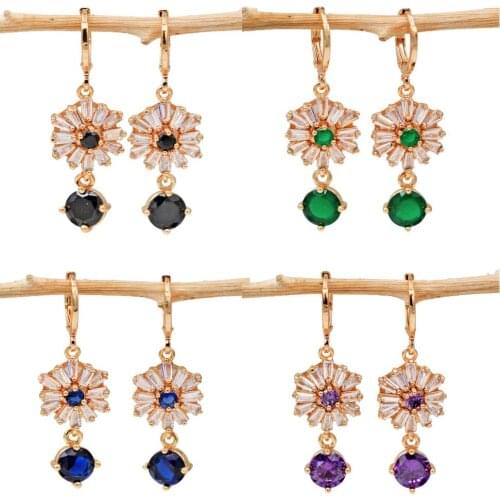 Trendy Dangle Drop Flower Earrings Red Green Purple Round Zirconia Stone For Women Girls Fashion Jewelry Accessories Wedding Gif