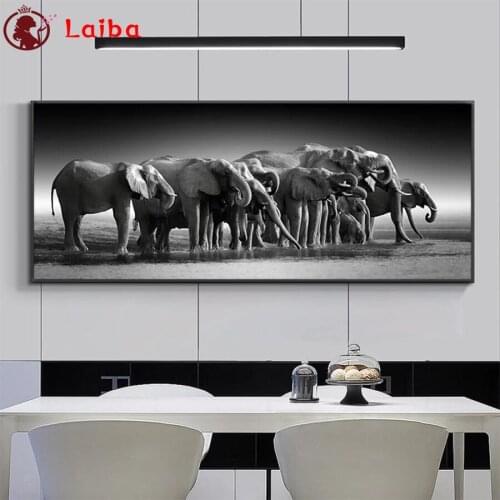 New diamond embroidery mosaic Black and white animal art, elephant herd diamond paintings full square round drill stitch cross