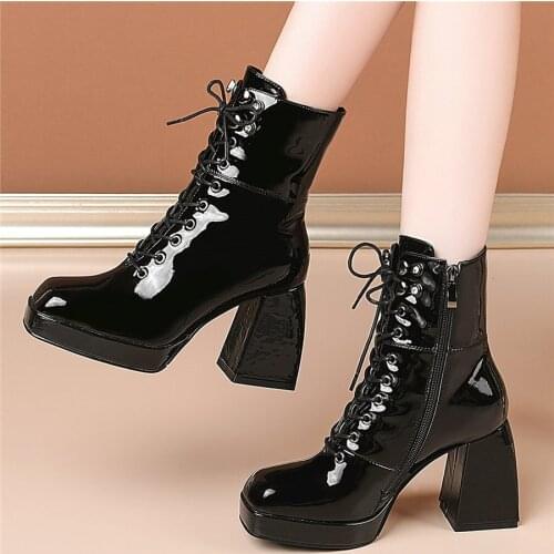 New Women Lace Up Genuine Leather Chunky High Heels Platform Pumps Shoes Female High Top Square Toe Winter Warm Motorcycle Boots