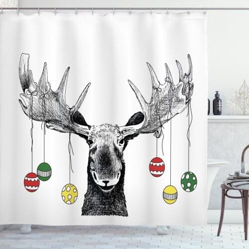 New Year Shower Curtain Set Christmas Deer and Ornamental Balls Curtain for Bathroom Decor 12 Hooks Decorative Bath Accessory