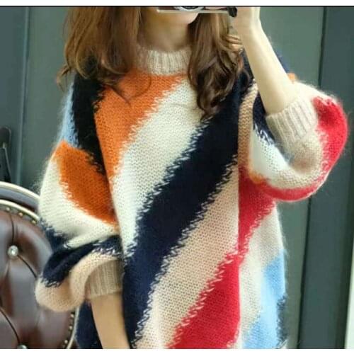 2021 Autumn Winter New Women Loose O-neck Pullovers Female Student Knitted Jumpers Ladies Striped Casual Sweater Tops P440