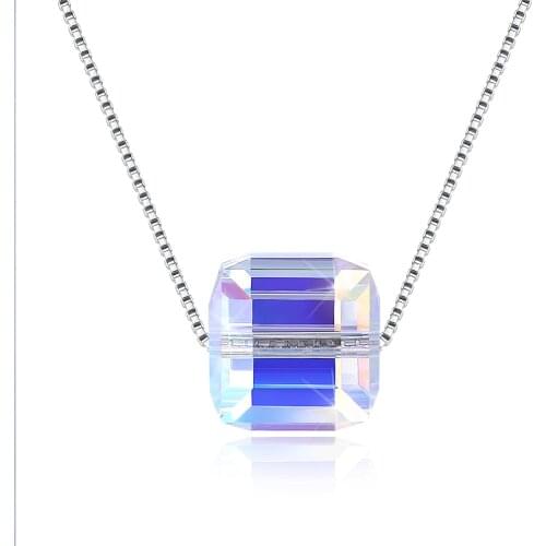 SILVERHOO 925 Sterling Silver Necklaces For Women Simple Square Colorful Austria Crystal Pendant Necklace Casual Fine Jewelry