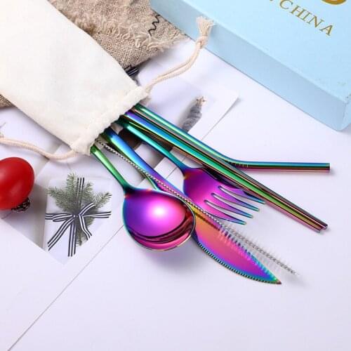 Portable tableware 304 stainless steel creative knife fork spoon chopsticks straw cutlery dinner set kitchen dining bar