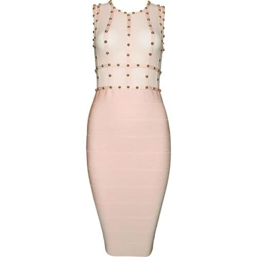 Luxury High Fashion Dresses 2017 Bodycon Dress Sleeveless Sexy Women Mesh Bandage Dress with Beading Embellishments