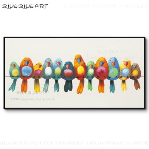 Hand-painted Modern Canvas Art Pictures Bird Stay on Branch Oil Painting Handmade 12 Birds Oil Painting for Bedroom Wall Decor
