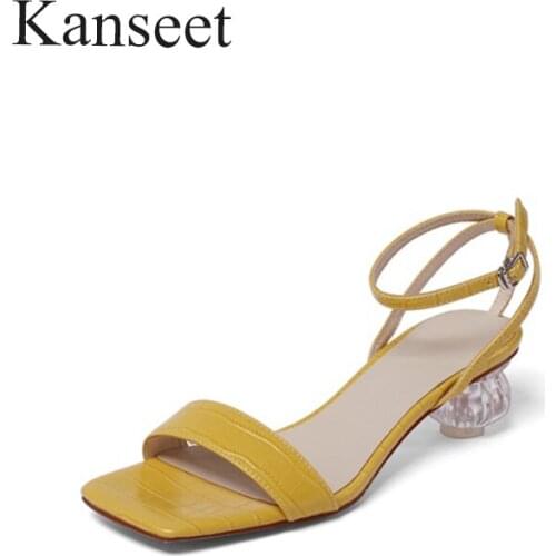 Kanseet 2021 New Square Toe Buckle Strap Women Sandals Summer Fashion Crystal Strange Style Heels Basic Mid Heels Shoes Women