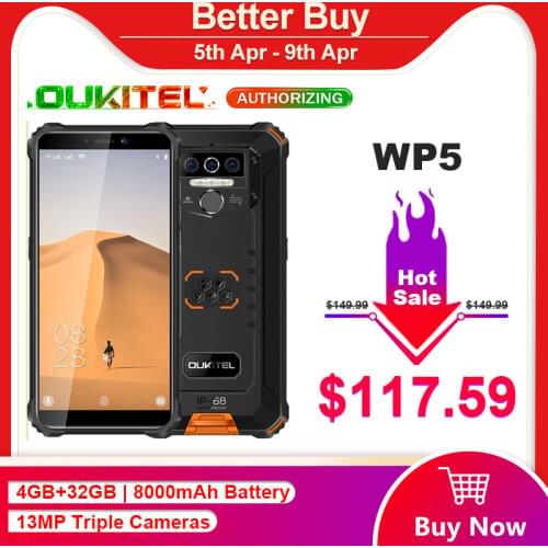OUKITEL WP5 5.5'' 8000mAh IP68 Waterproof Smartphone 4GB 32GB Quad Core Triple Cameras Android 9.0 Mobile Phone 5V/2A