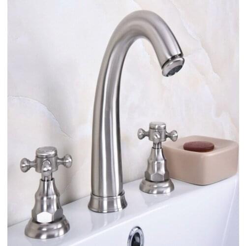 Deck Mounted 3 Holes Bath Tub Mixer Tap Brushed Nickel Brass Widespread 2 Handles bathroom basin Faucet abn014