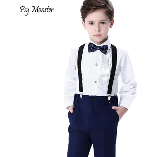 Wedding Suit For Boys Kids Formal Prince School Student Dress Gentleman Kids Strap Shirt Pants Bowtie 4Pcs Performance Costumes