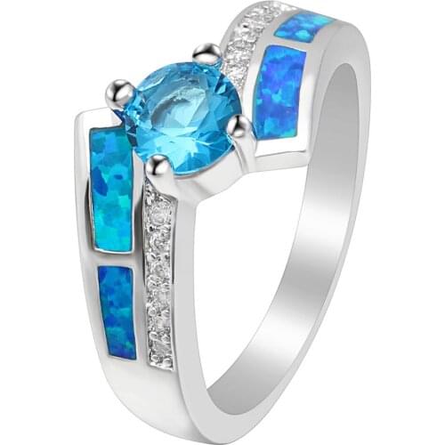 Bright Sky Blue Fire Opal Ring Jewelry White Gold Filled Simple Claw Bead Charming Wedding Bands Custom Promise Ring For Women