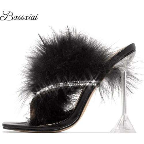 Jeweled Rhinestone Feather Fur Sandals Women Clear Crystal High Goblet Heel Square Toe Slingbacks Mules Lady Summer