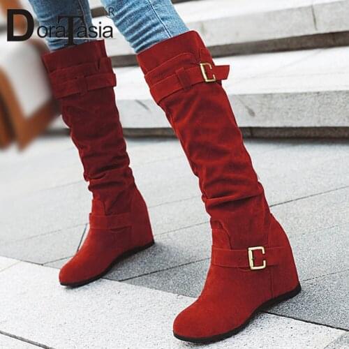 DORATASIA Big Size 31-43 New Ladies Wedges High Heels Boots Fashion Pleated Boots Women Height Incresing Buckle Shoes Woman