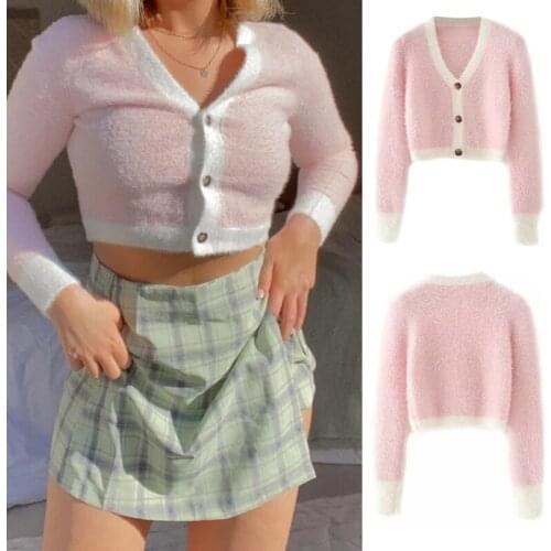 Women Autumn Long Sleeve Knitted Cardigan Contrast Color V-Neck Furry Sweater Crop Top Single Breasted Button Down Slim Outwear