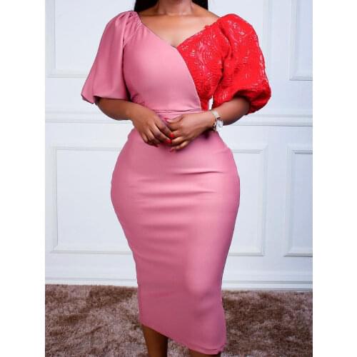 Women Bodycon Party Dress Patchwork V Neck Half Sleeves High Waist Package Hip Female Office Ladies Elegant Classy Work Wear New