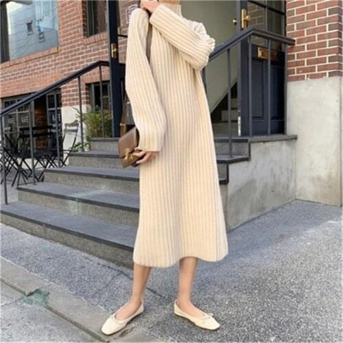 2020 Long Sleeve Sweater Dress Turtleneck Casual Irregular Winter Clothes Women Loose Pullover Basic Tops PZ2455