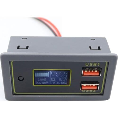 12V 24V Lead-acid Lithium Iron Phosphate Battery Capacity Voltage Tester Meter Monitor with 2 USB Quick Charger 6-30V