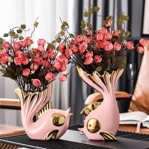2Pcs/Set Goldfish Ceramic Vase With Flowers Arts And Crafts Couples Fish Vases Miniature Figurines Home Decoration Wedding Gifts