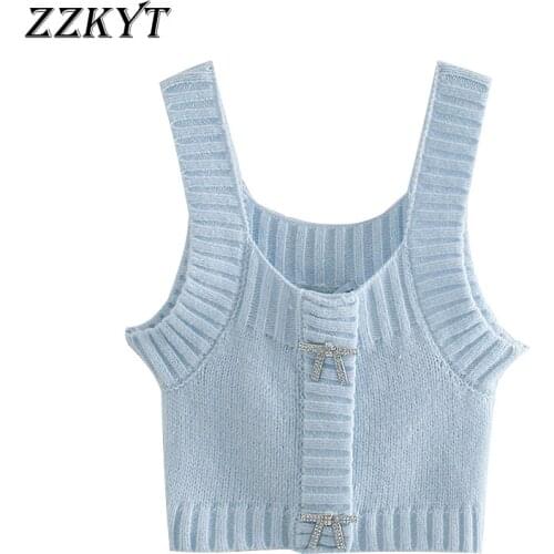2021 Women Spring Vintage Rhinestone Blue Buttons Cropped Knitted Tank Fashion Square Collar Wide Straps Female Camisa Mujer