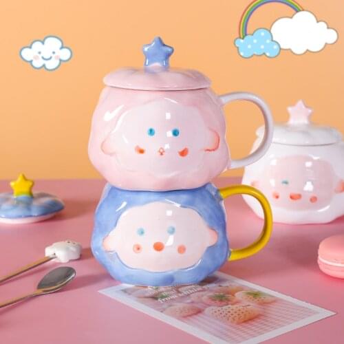 450ml Kawaii Cloud Ceramic Mug With Lid Spoon Creative Personality Home Travel Mug Teacup Cute Breakfast Mugs Coffee Cup Gift