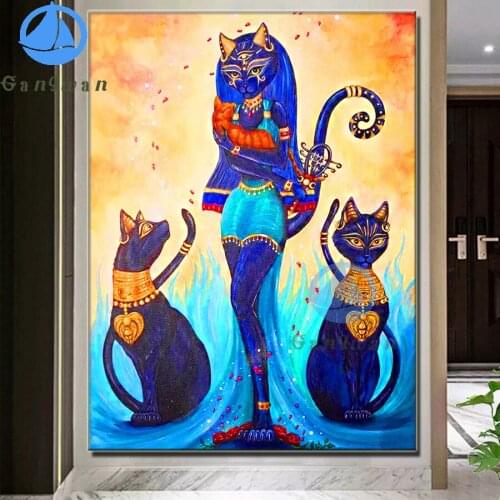 New 5D DIY Diamond Painting Egyptian art Black Cat fantasy Lady Full Square round Diamond Embroidery Rhinestone Mosaic Decor