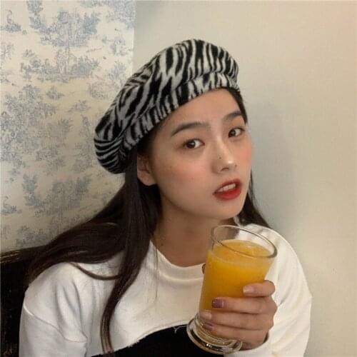 Zebra Felt Beret Hat for Women French Designer Adjustable Hair Baret Cap Ladies Fall Winter Animal Print Painter Octagonal Hats