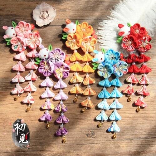 Sakura Rabbit Fan Side Clip Hairpin Tsumami zaiku Headdress Kimono Yukata Hair Accessories Hairpin Step Shake Tassel Hanfu Decor