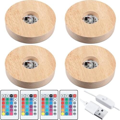 3.94 Inch Wooden Light Stand Base Colorful LED Lights Display Base with Remote Control for 3D Crystal Glass Resin 4Pcs