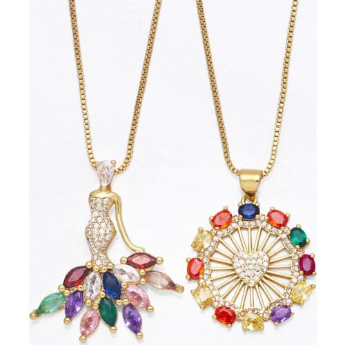 FLOLA Gold Heart Pendent Necklaces For Women With Charm Couple Necklaces For Lovers CZ Zirconia Stone Rainbow Jewelry nkep22