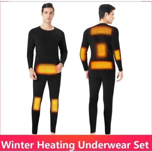 Winter Heated Underwear Fleece Lined Heating Thermal Underwear Set USB Electric Heated T-Shirts & Pants Battery Powered Ski Wear