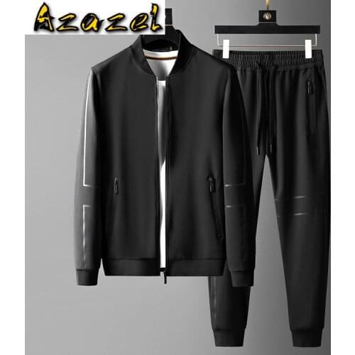 Azazel Black Stand Collar Mens Suits 2 Pieces Luxury Zipper Casual Sport Slim Fit Male Sweatshirts Elastic Waist Man Pants 4XL