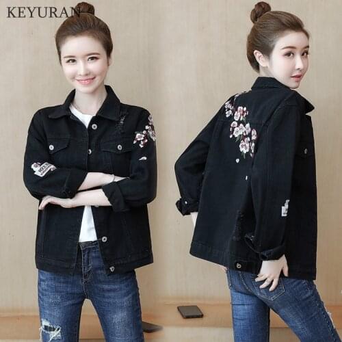 Flower Embroidery Denim Jacket Femme Casual Hole Loose Basic Jeans Coats 2020 Autumn Women Vintage Outwear Casacos Feminino 3758