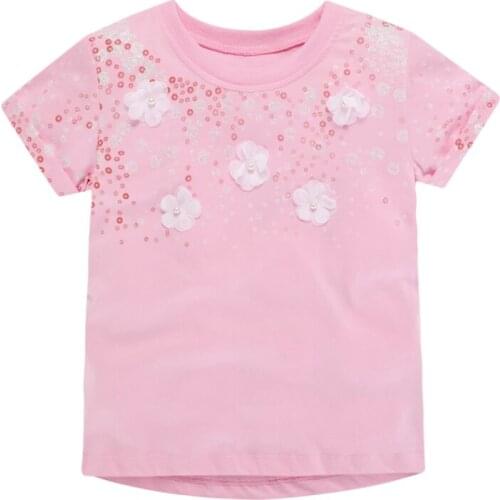 Little Maven New Summer Children Clothing Pink Floral O-neck Short- sleeved Cotton Knitted Girls Sweet Casual Tshirts Tops