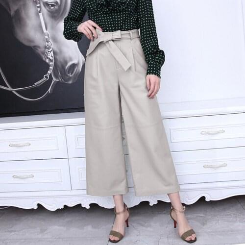 Fashion Clothing Women 100% Genuine Leather Pants Female Stylish High Waist Bow Elegant Wide Leg Casual Ankle Long Trousers