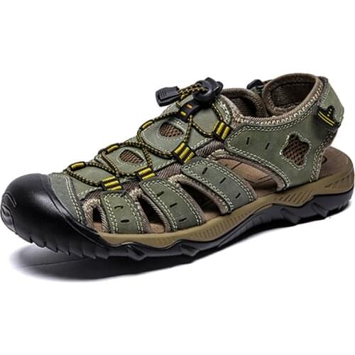 Clorts Genuine Leather Outdoor Beach Sandals for Men Lightweight Hiking Sandals Breathable Non-slip Sport Casual Sandals