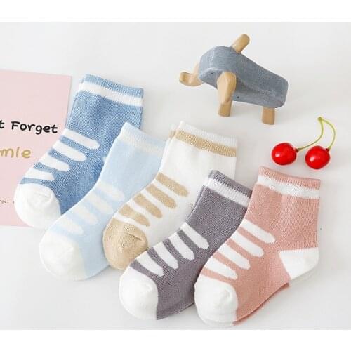 5 Pairs/lot Spring Autumn Kids Middle-tube Cotton Socks Floor Socks Cotton Soft Stripe Cute Babys Knitted Breathable Socks