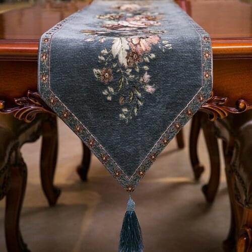 New Luxury Classical European Style Hibiscus Jacquard Table Runner TV Cabinet Table Cloth Dustproof Cover Bed Flag Blue Tea Flag