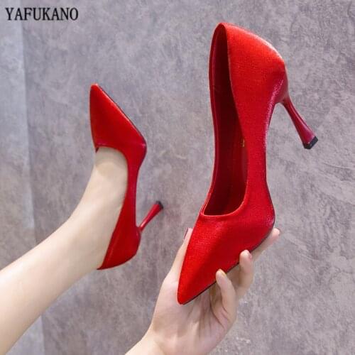 Sexy Satin Silk Thin Heels Women Pumps 2020 New Brand Design Pointed Toe Shallow Ladies High Heels Red Bridesmaid Wedding Shoes