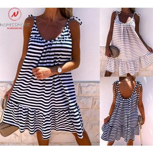 Fashion Women Summer Striped Print A-Line Dress for Streetwear Patchwork Design Bandage Decor O-Neck Sleeve Casual Loose Dress