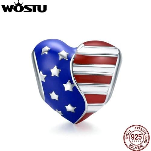 WOSTU Heart 925 Sterling Silver Bead Charms Silver 925 Original For Bracelet Silver 925 American Flag Bead For Jewelry Making