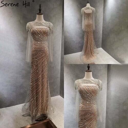 Serene Hill Luxury Gold Elegant Evening Dresses Gowns 2021 Beaded Mermaid Lace Up For Women Party LA71380