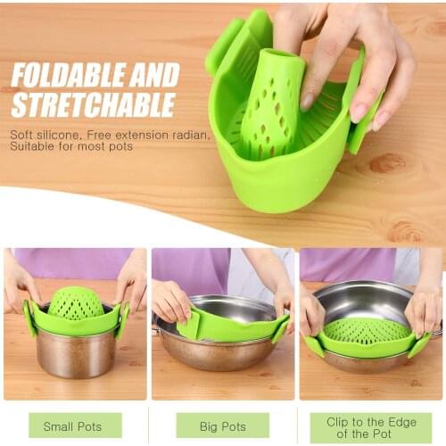 Food Strainer Heat Resistant Clip-On Strain Strainer Kitchen Silicone Colander Spout for Pasta Vegetable Noodles Filter