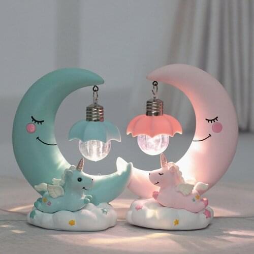 LED Night Light Resin Moon Unicorn Cartoon Baby Lamp Romantic Bedroom Decor for Children Kid Girl Toy Childrens Gift Cute Light