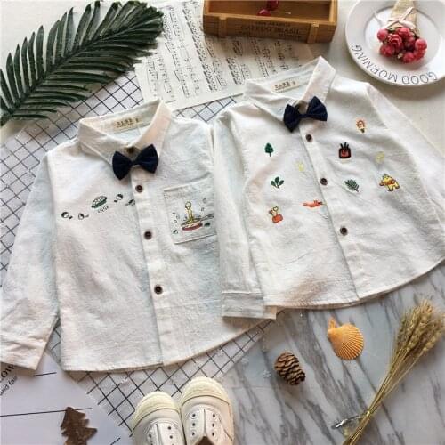 Tonytaobaby Spring New Boy Cartoon Embroidery Print with Long Sleeve Shirt and Bow Tie